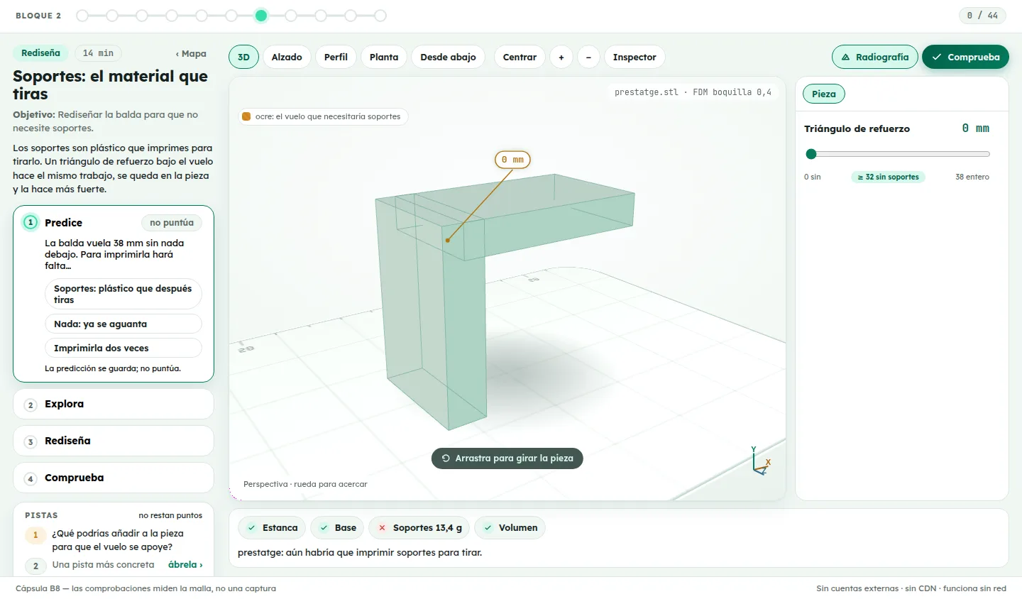 Cápsula B8, Soportes: una balda que vuela 38 mm sobre la cama, vista en el visor 3D con el voladizo marcado en ocre y las comprobaciones Estanca, Base, Soportes 13,4 g y Volumen.